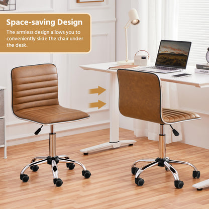 Yaheetech Armless PU Leather Chair Low Back Swivel Comfy Desk Retro Brown