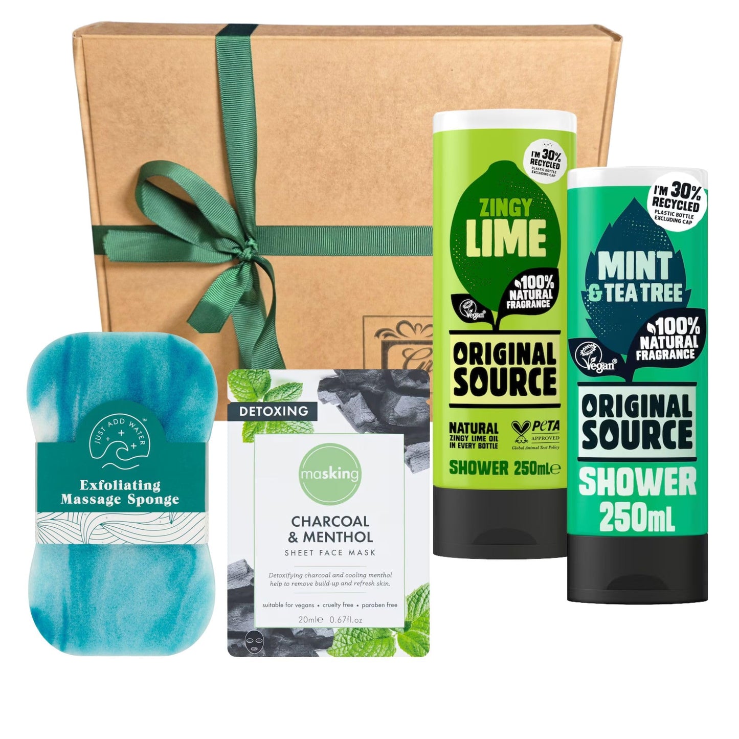 Men?s Christmas Shower Gift Set ? Original Source Zingy Lime & Tee Tree & Mint Shower Gels, Hydrating Face Mask, Shower Sponge ? Refreshing Festive
