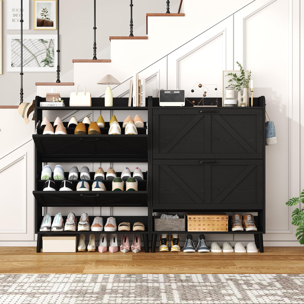 HOME BI Farmhouse Shoe Cabinet with Two Flip Drawers,3-Tier Shoe Storage Organizer with Open Shelf & Top Display,Freestanding Narrow Hidden Shoe Rack