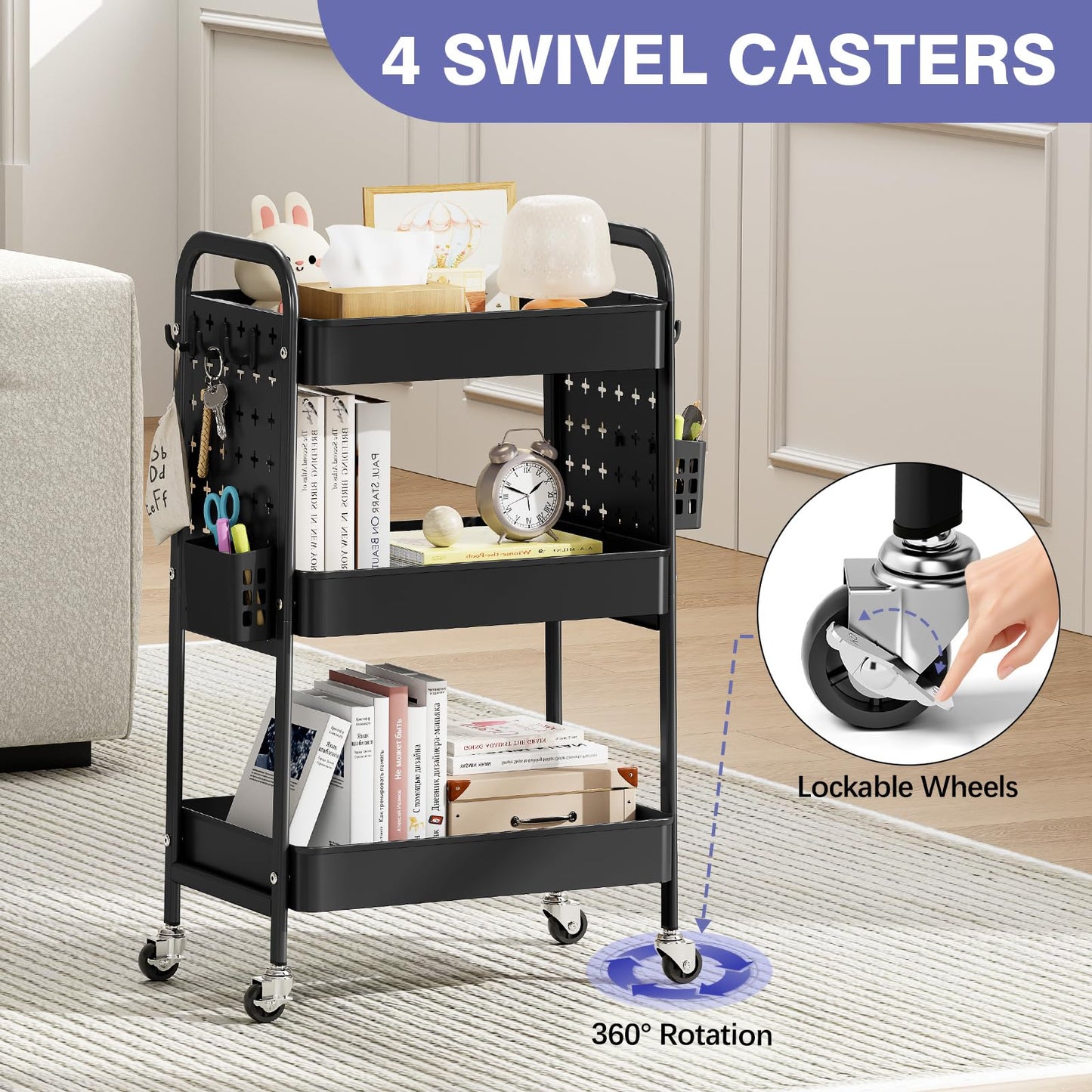 KINGRACK 3-Tier Rolling Cart with DIY Hanging Board, Metal Utility Cart with Wheels, Handles, Baskets & Hooks, Storage Organizer for Bathroom