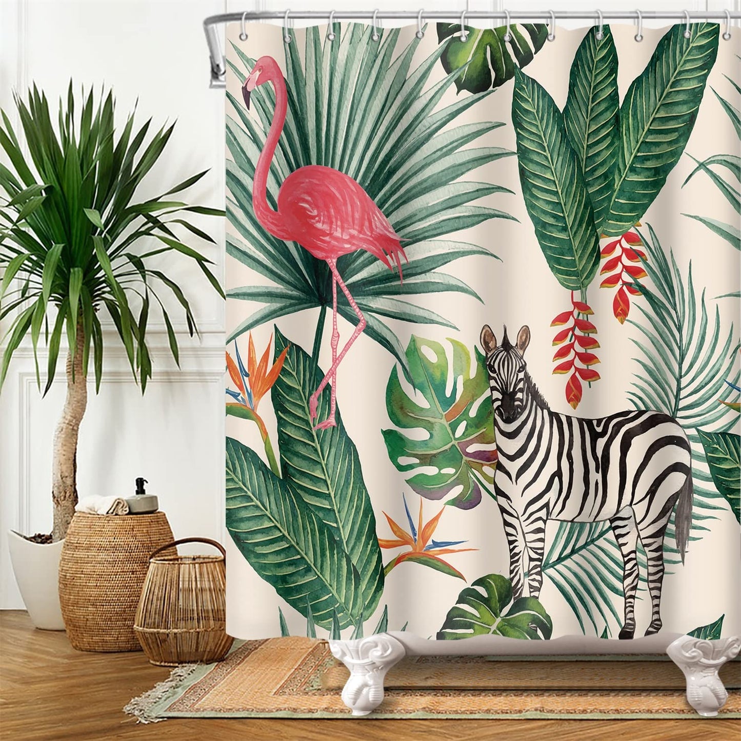 SDOTPMT 90x183cm Flamingo Shower Curtain Tropical Palm Tree Green Leaves Banana Leaf Horse Bath Curtain Summer Theme Bathtub Curtain Fabric Polyester