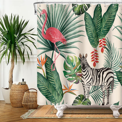 SDOTPMT 90x183cm Flamingo Shower Curtain Tropical Palm Tree Green Leaves Banana Leaf Horse Bath Curtain Summer Theme Bathtub Curtain Fabric Polyester