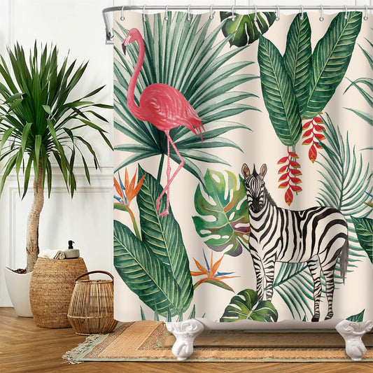 SDOTPMT 90x183cm Flamingo Shower Curtain Tropical Palm Tree Green Leaves Banana Leaf Horse Bath Curtain Summer Theme Bathtub Curtain Fabric Polyester