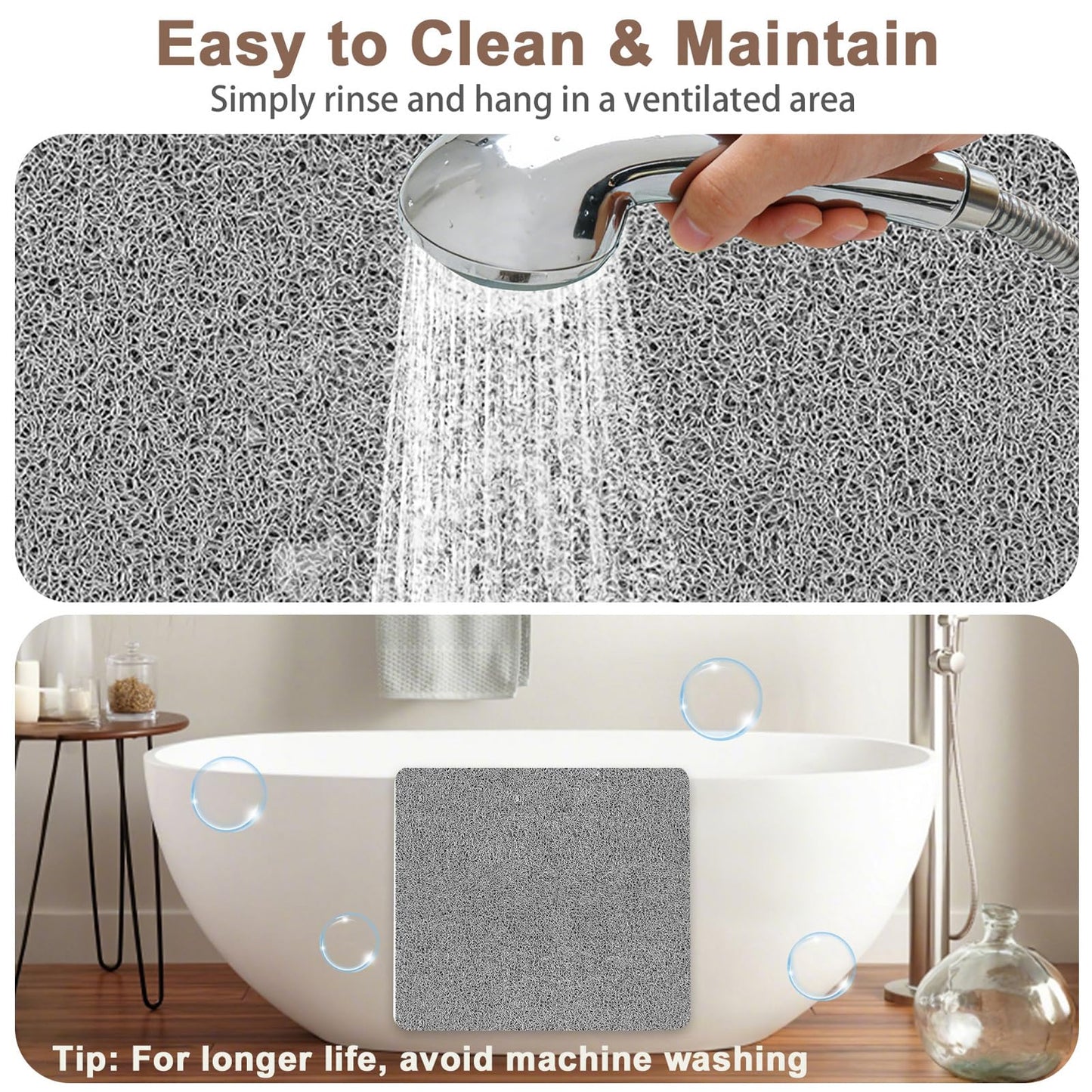 Large Shower Mat Non Slip Anti Mould: 100 x 70 cm Anti Slip Shower Mats for Inside Shower- Loofah Shower Mat Grey Long Washable Shower Matt for
