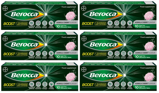 Berocca Boost Effervescent Tablets with Guarana, Caffeine and Vitamin B12, Also Contains Vitamin C and Magnesium, 60 Tablets (6 Pack of 10) - 2 Months