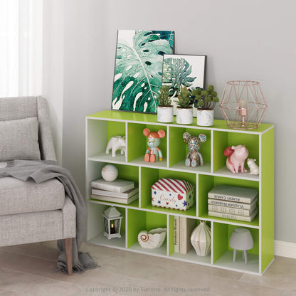Furinno LUDER Book Shelf, 11-Cube Bookshelf, Reversible Bookcase, 9.4 x 29.1 x 41.7, for Living Room, Bedroom, Home Office, White/Green