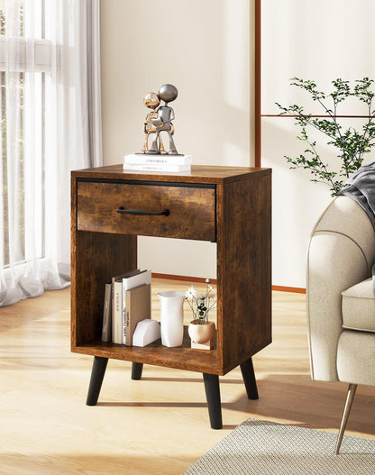 YMYNY Nightstand Set of 2, Bedside Table, Side Table with Fabric Drawer, Handle and Open Compartment, Solid Wood Legs
