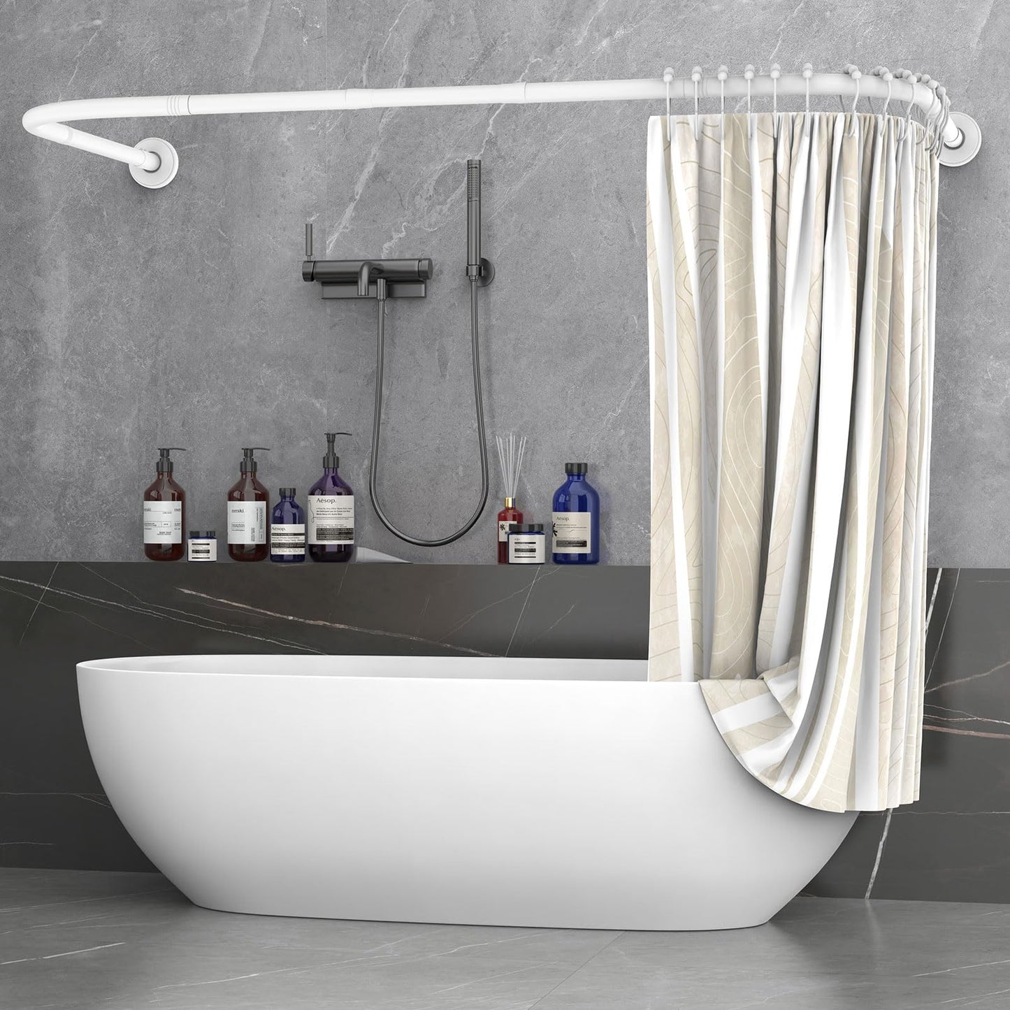 Misounda Shower Curtain Rail U/L Shaped 75x(150-190) x75 cm - Curved Bath Curtain Rod for Bathtubs - Without Ceiling Bracket - Includes 24 Rings