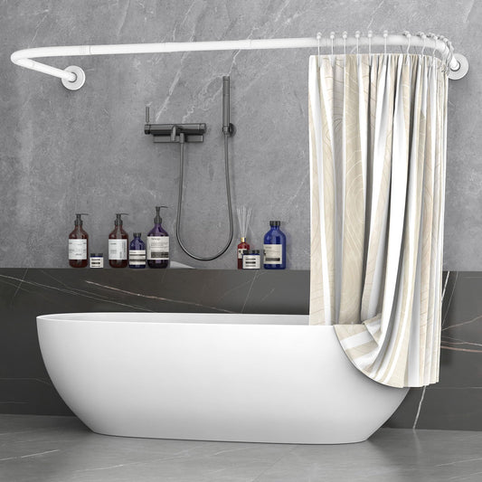 Misounda Shower Curtain Rail U/L Shaped 75x(150-190) x75 cm - Curved Bath Curtain Rod for Bathtubs - Without Ceiling Bracket - Includes 24 Rings