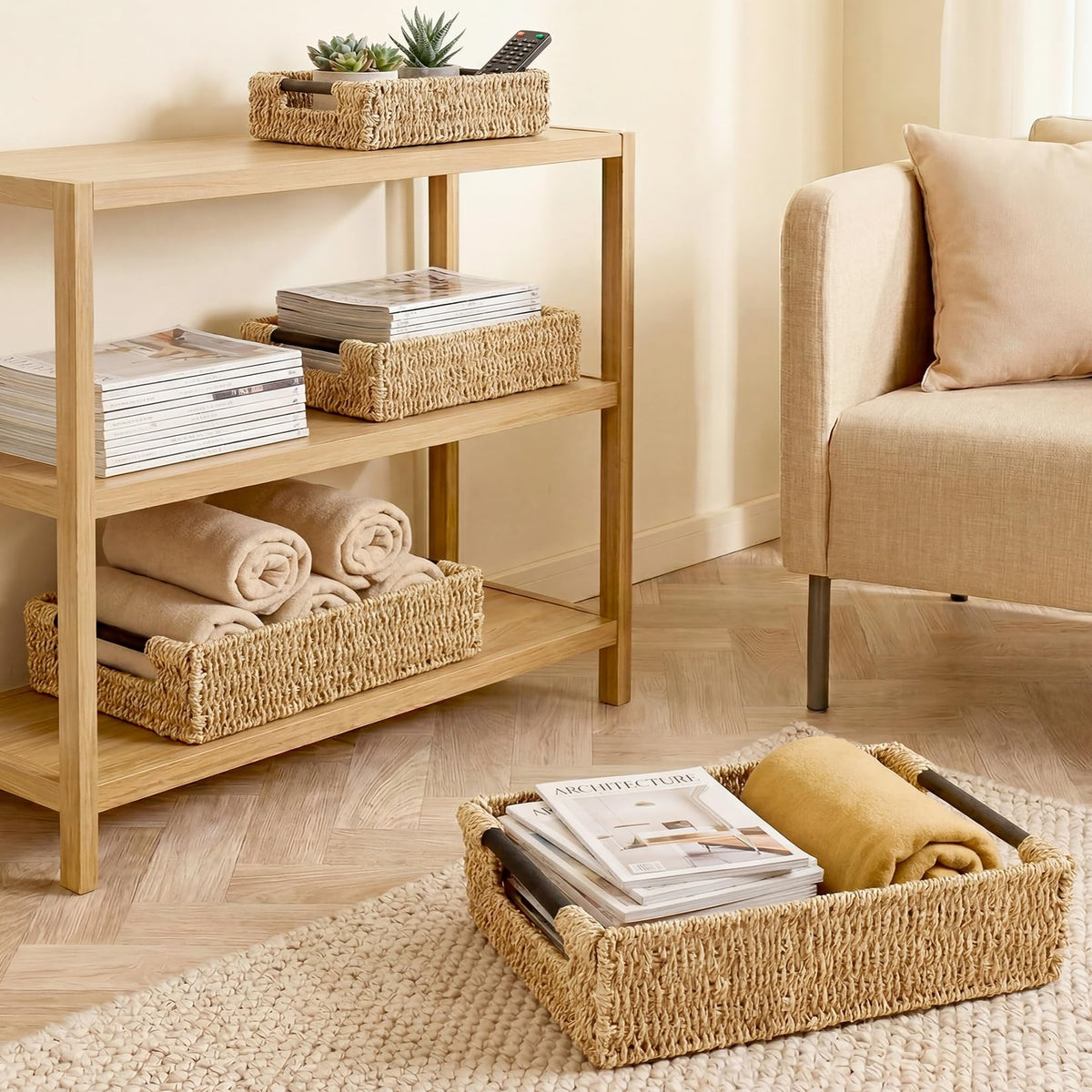 Woodluv Storage Baskets, Storage Baskets for Shelves, Nesting Storage Box Organiser | Shelf Hamper Organiser for Bathroom, Bedroom
