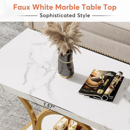 LITTLE TREE White Rectangle Coffee Table, 47 Inches Modern Coffee Tables for Living Room, 2-Tier Faux Marble Wood Coffee Table with Storage