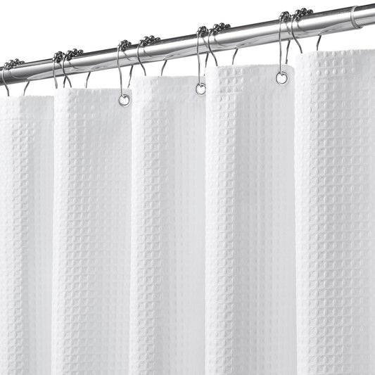 FY&XZH Heavy-Duty Waffle Weave Shower Curtain with Stainless Steel Hooks, Thick Fabric for Bathroom, Hotel, Spa & Salon-153 x 214cm (White)