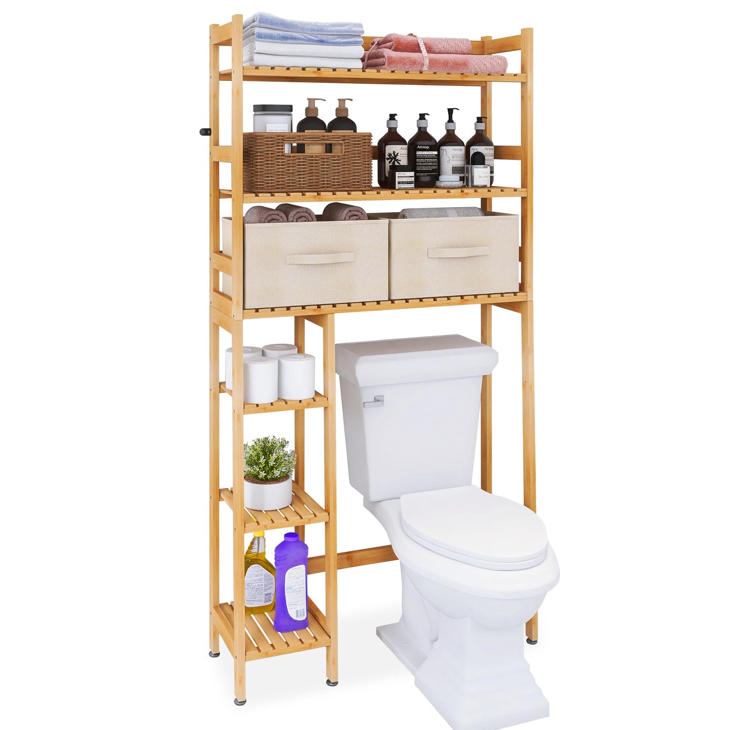 SMIBUY Over The Toilet Storage, Bamboo 6-Tier Bathroom Storage Shelf with Drawers, Freestanding Above Toilet Organizer Rack, Mass-Storage, Space Saver
