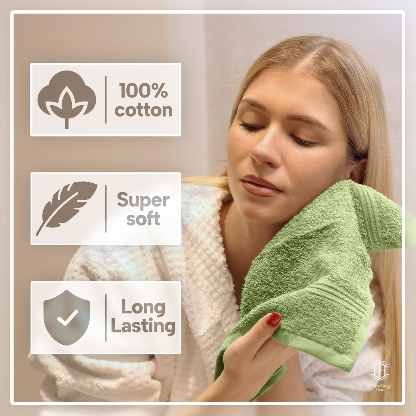 HomeBurg Luxe 12-Piece Washcloth Set - 100% Cotton, Soft & Absorbent, Easy Care, Premium Towels for Face & Daily Use, 30 x 30 cm, Sage Green