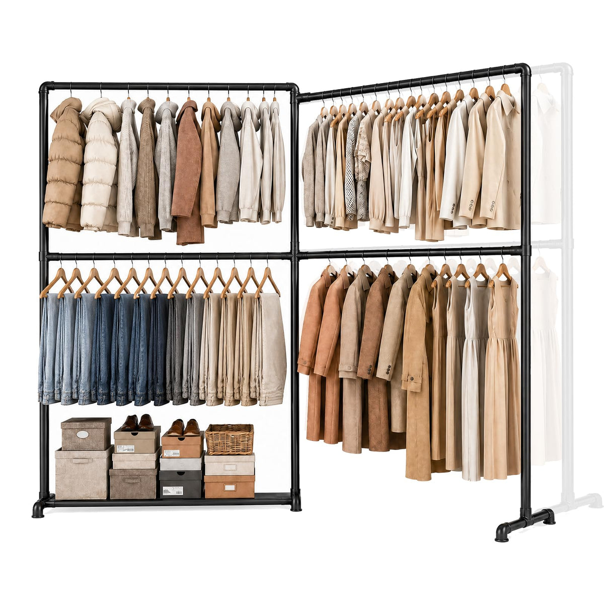 YasTant Heavy Duty Clothes Rail, Freestanding Clothes Hanging Rail with 4 Rails, 360° Foldable Side Arms, Bottom Shelf