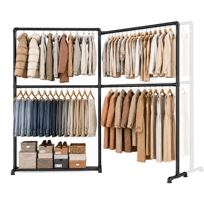 YasTant Heavy Duty Clothes Rail, Freestanding Clothes Hanging Rail with 4 Rails, 360° Foldable Side Arms, Bottom Shelf