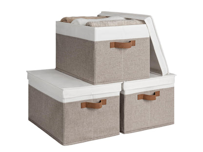 StorageWorks Storage Boxes with Lids, Fabric Storage Boxes with Lids, Stackable Storage Basket for Shelves with PU Handles