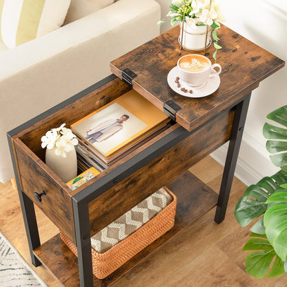 HOOBRO Narrow Side Table, Slim Bedside Table for Small Spaces, Flip Top End Table, Couch Arm Chair Side Table with Storage Shelf