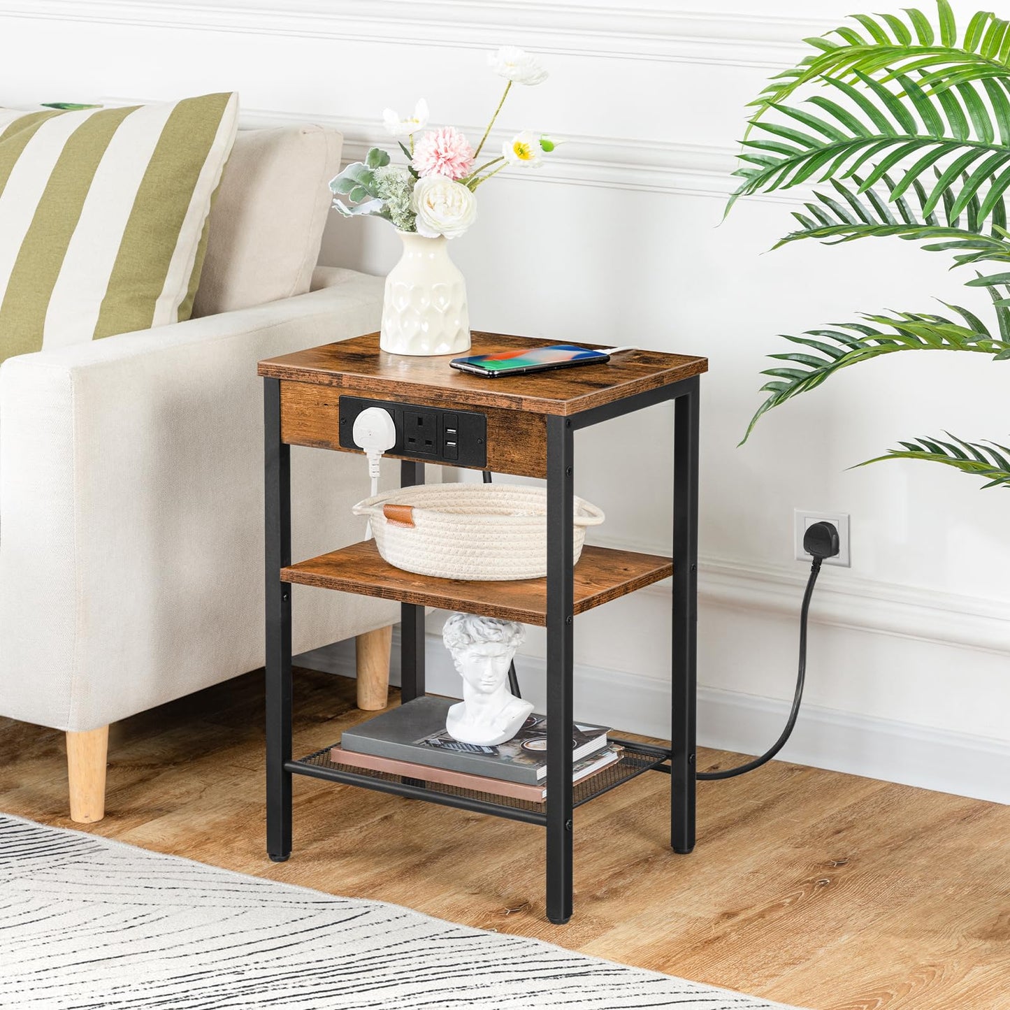HOOBRO Side Table with Charging Station, Bedside Table with Charging Station, 2 Sockets and 2 USB Ports, Narrow Side Table, 3-Tier Bedside Table,