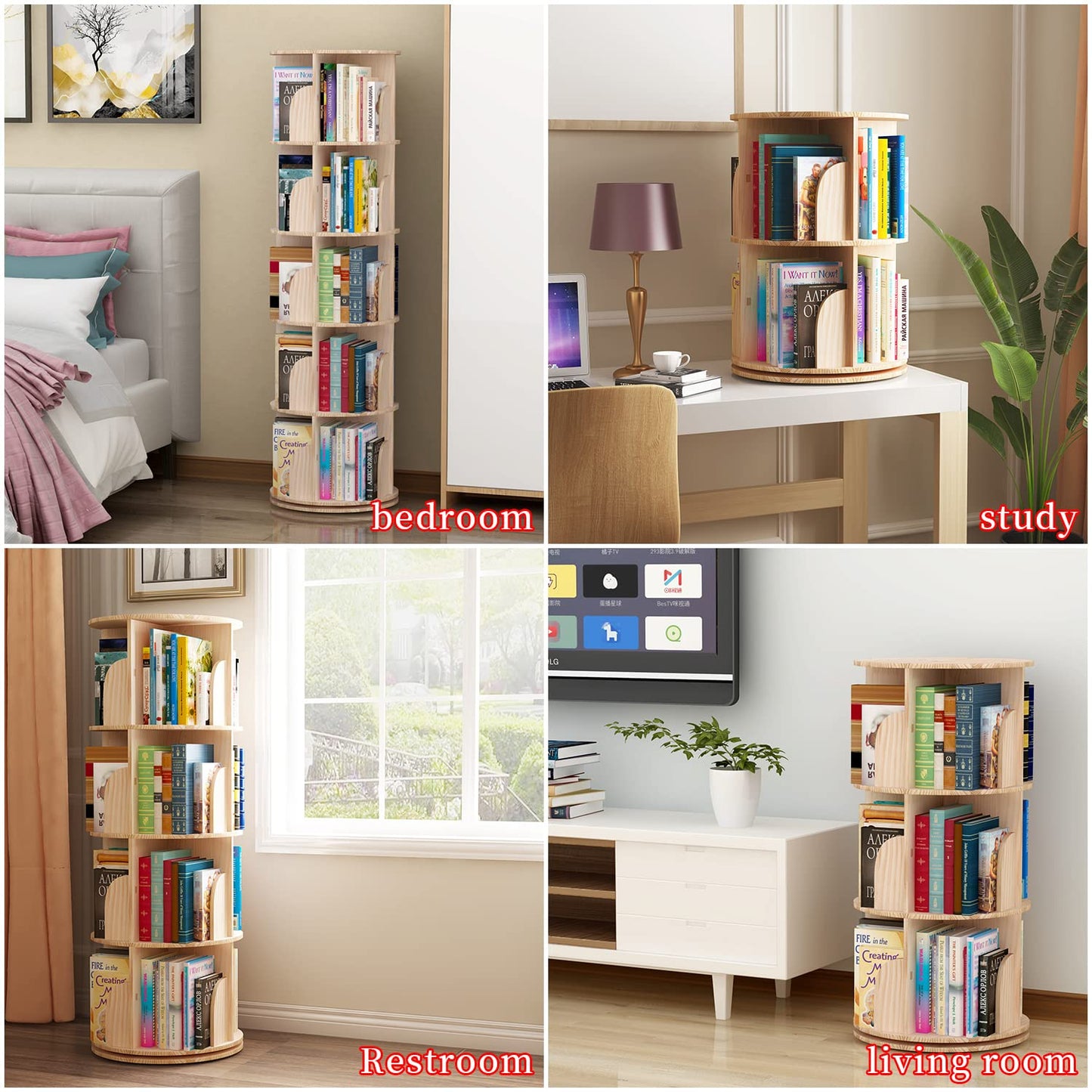 PTUWODS Rotating 360° Bookcase - Hexagonal Kids High Shelf, Floor Standing Corner Storage Shelf for Home, Living Room, Office (3 Tiers), Xuanzhuan001