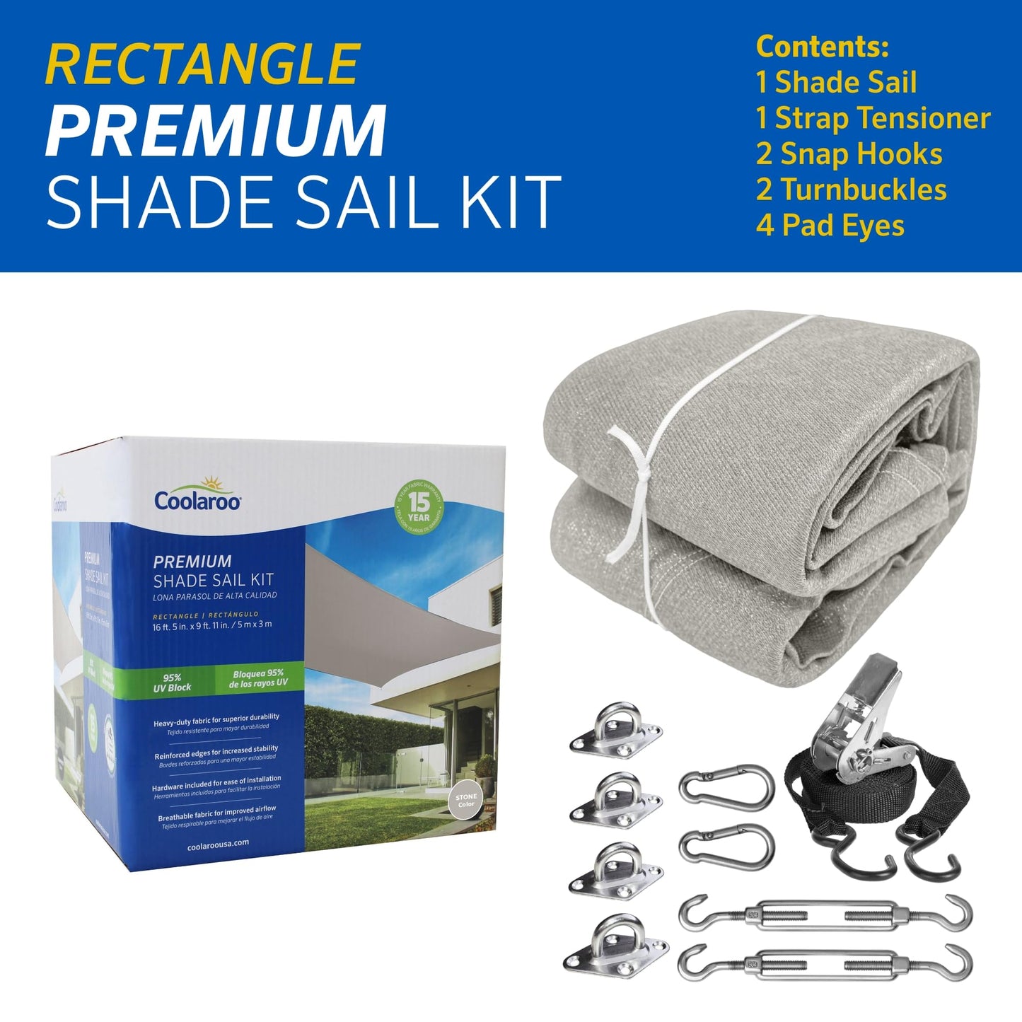 Coolaroo Premium Shade Sail Kit, (16'5"x9'11" Rectangle), Stone, High Density Polyethylene (HDPE)