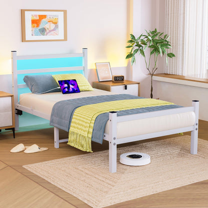 BORPHOM 3ft Single Bed Frame with Headboard & LED Lights,Heavy Duty Metal Platform Bed Frame with Charging Station,Mattress Base/Strong Steel Slats