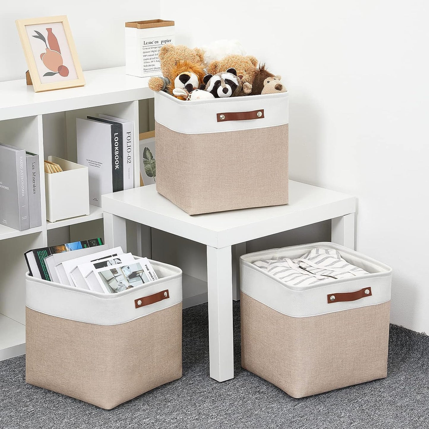 Mangata Collapsible Storage Cube Boxes, 30cm Cube Linen Woven Fabric Storage Baskets with Leather Handles 3pcs (Light Khaki and White)