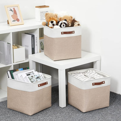 Mangata Collapsible Storage Cube Boxes, Linen Woven Fabric Storage Baskets, Cube Closet Organizer with Leather Handles (Light Khaki and White)