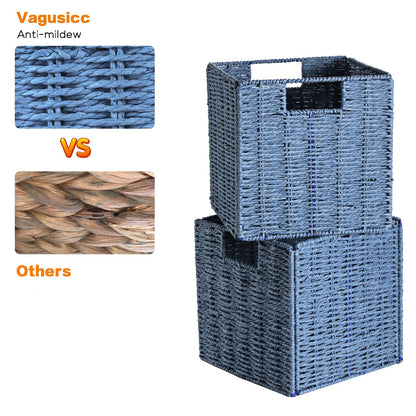 Vagusicc Wicker Storage Basket, Set of 2 Handwoven Wicker Basket for Storage, Foldable Storage Baskets Organizer Cube Bins with Handles for Shelves