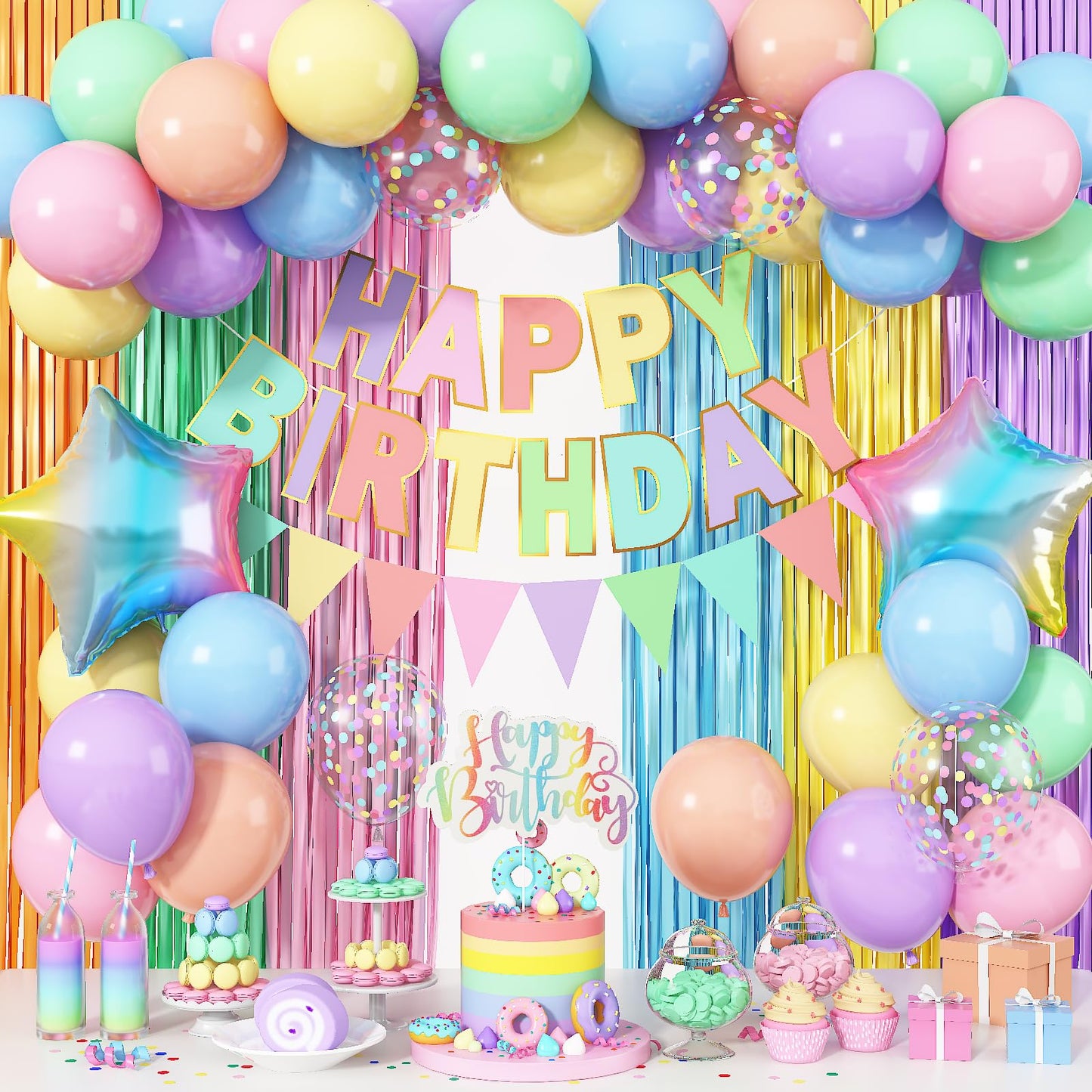 Jobkoo Pastel Birthday Decorations for Girls, Macaron Rainbow Pastel Color Balloons Reusable Happy Birthday Banner Sign Fringe Curtain Backdrop Cake
