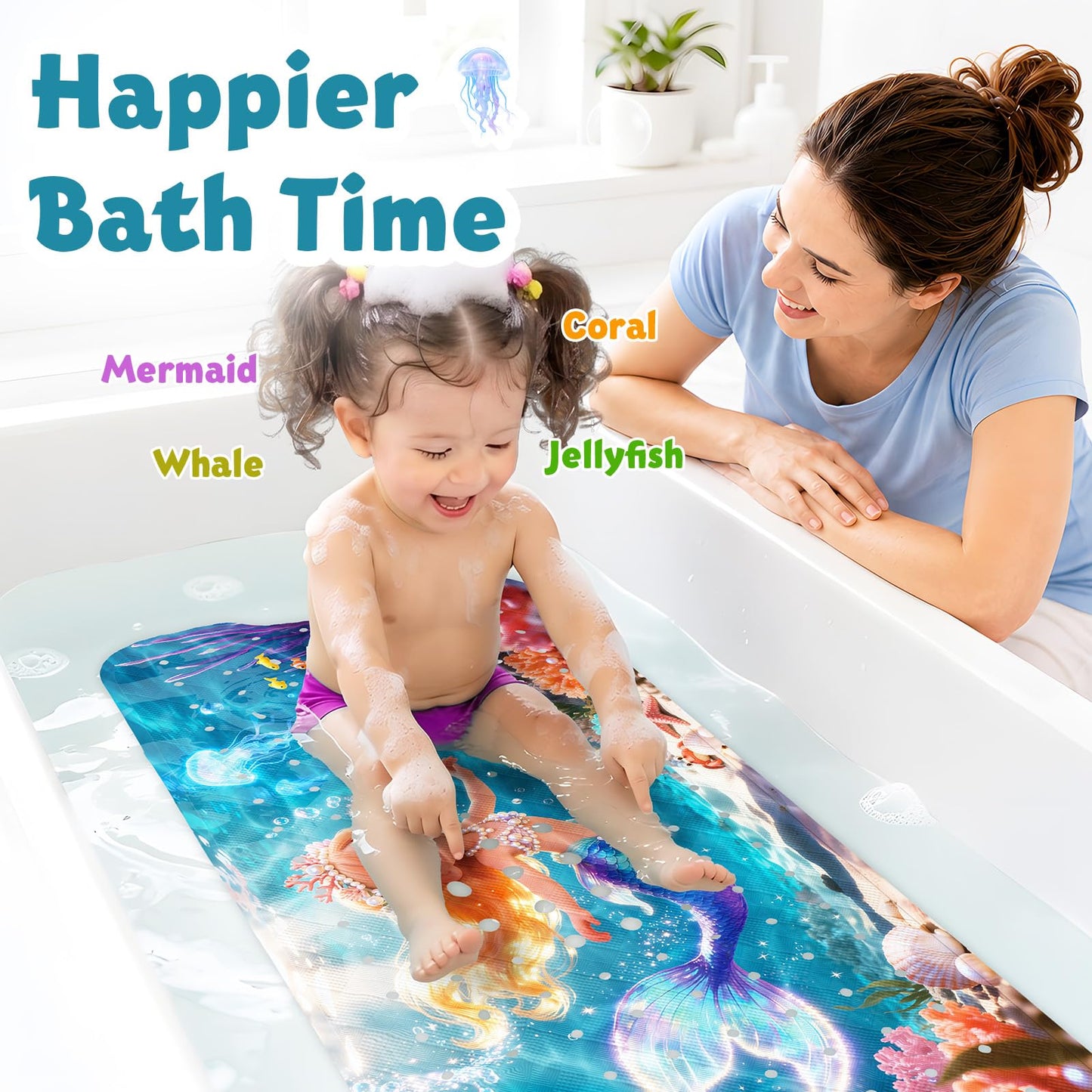 XIYUNTE Baby Bath Mats Non Slip Anti Mould, Cartoon Kids Bath Mat Non Slip, 100x40cm Extra Large Baby Shower Bath Mat with Suction Cups & Drain Holes
