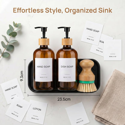 Hand & Dish Soap Dispenser with Dish Brush, Washing Up Liquid Dispenser Set 600ml/21oz, PET Plastic Bottle with Bamboo Pump
