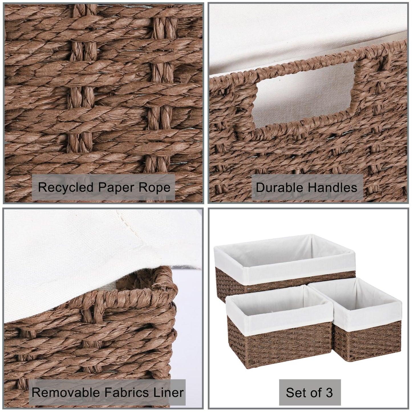 Vagusicc Wicker Storage Basket, Set of 3 Rectangular Storage Gift Hamper Basket with Removable Fabric Lining