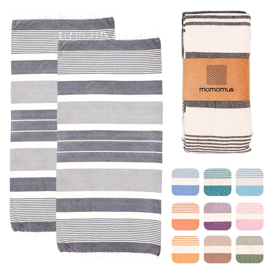 MOMOMUS 2 Pack XL Fouta or Cotton Beach Towels for Adults - Compact, Ultra-Soft, Absorbent - Extra Large Beach Towels for Adults - Grey 90x180cm