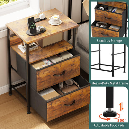 Flrrtenv Bedside Table with Charging Station, Smart Beside Cabinet, Nightstand with 2 Fabric Drawers & LED Light