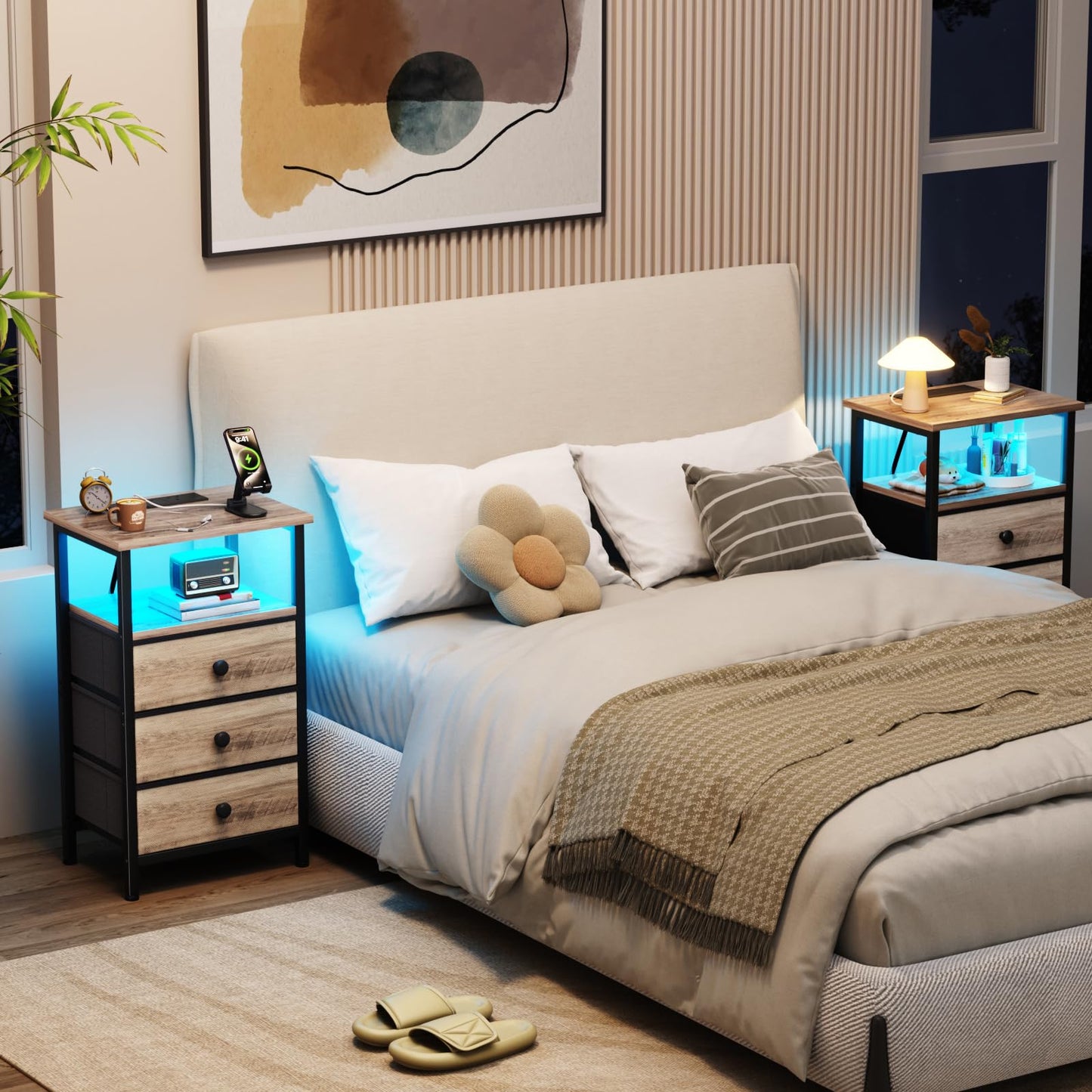 LOAKEKEL Bedside Table with Charging Station, Side Table with 3 Drawers