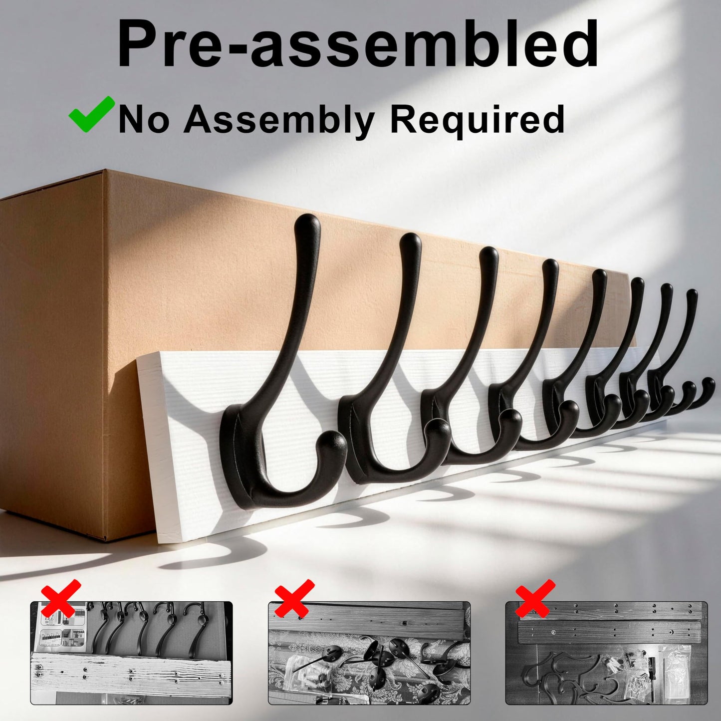 HONSKY Wall Coat Rack with 8 Double Hooks,Wooden Coat and Towel Hanger Storage for Entryway, Bathroom, Bedroom, Garage,White Base/Black Hook