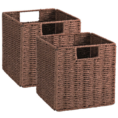 Vagusicc Wicker Storage Basket, Set of 2 Handwoven Wicker Basket, Foldable Storage Baskets Organizer Cube Bins with Handles for Shelves Bathroom