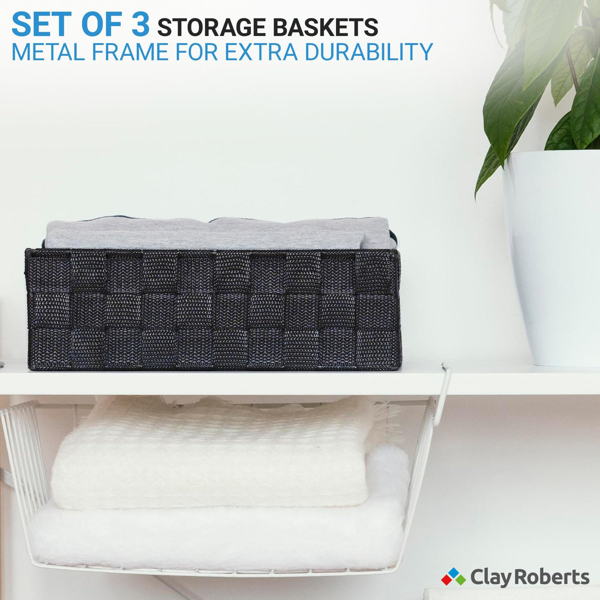 Storage Baskets, 3 Pack, Grey, Storage Baskets Sets, Woven Boxes for Home, Kitchens, Offices, Cupboards, Bathrooms, Shelves, Boxes
