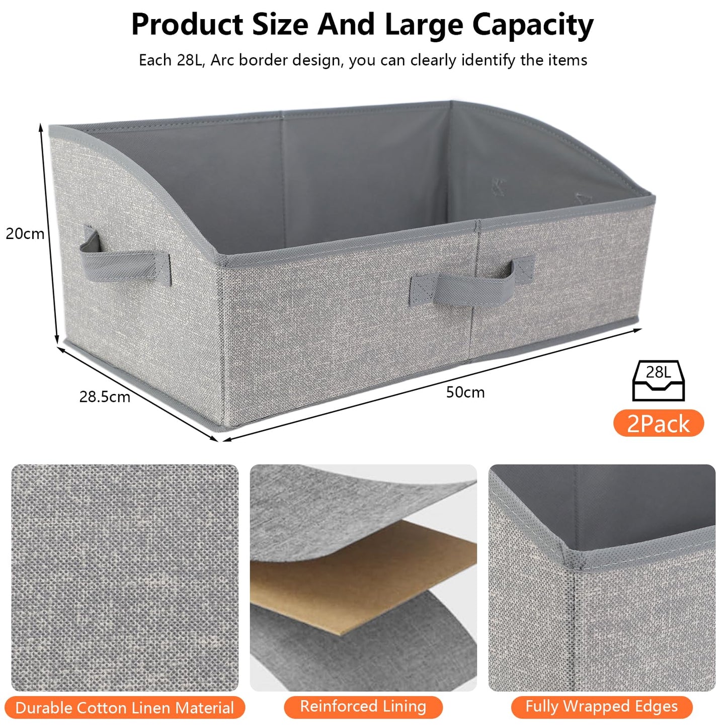 AiQInu Storage Boxes with Handles, 28 L, Foldable Storage Basket, Fabric, 50 x 28.5 x 20 cm, Large Baskets Storage, Organiser Boxes for Clothes, Toys