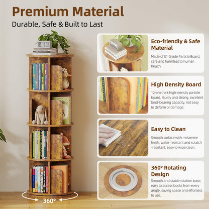 WEMANER 4-tier Rotating Kids Bookshelf, Wooden 360° Small Corner Revolving Spinning Bookcase