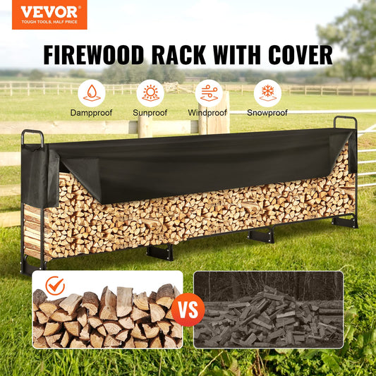 VEVOR 12.7FT Outdoor Firewood Rack with Cover, 152x14.2x46.1in, Heavy Duty Firewood Holder & 600D Oxford Waterproof Cover for Fireplace, Patio,