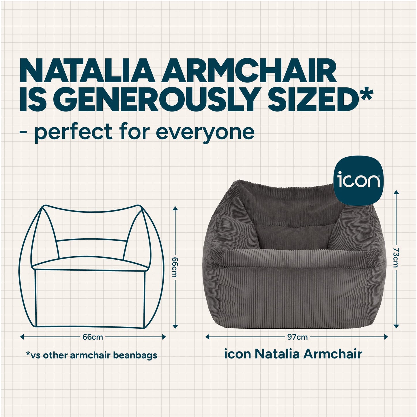 icon Natalia Cord Bean Bag Chair with Filling Included, Grey