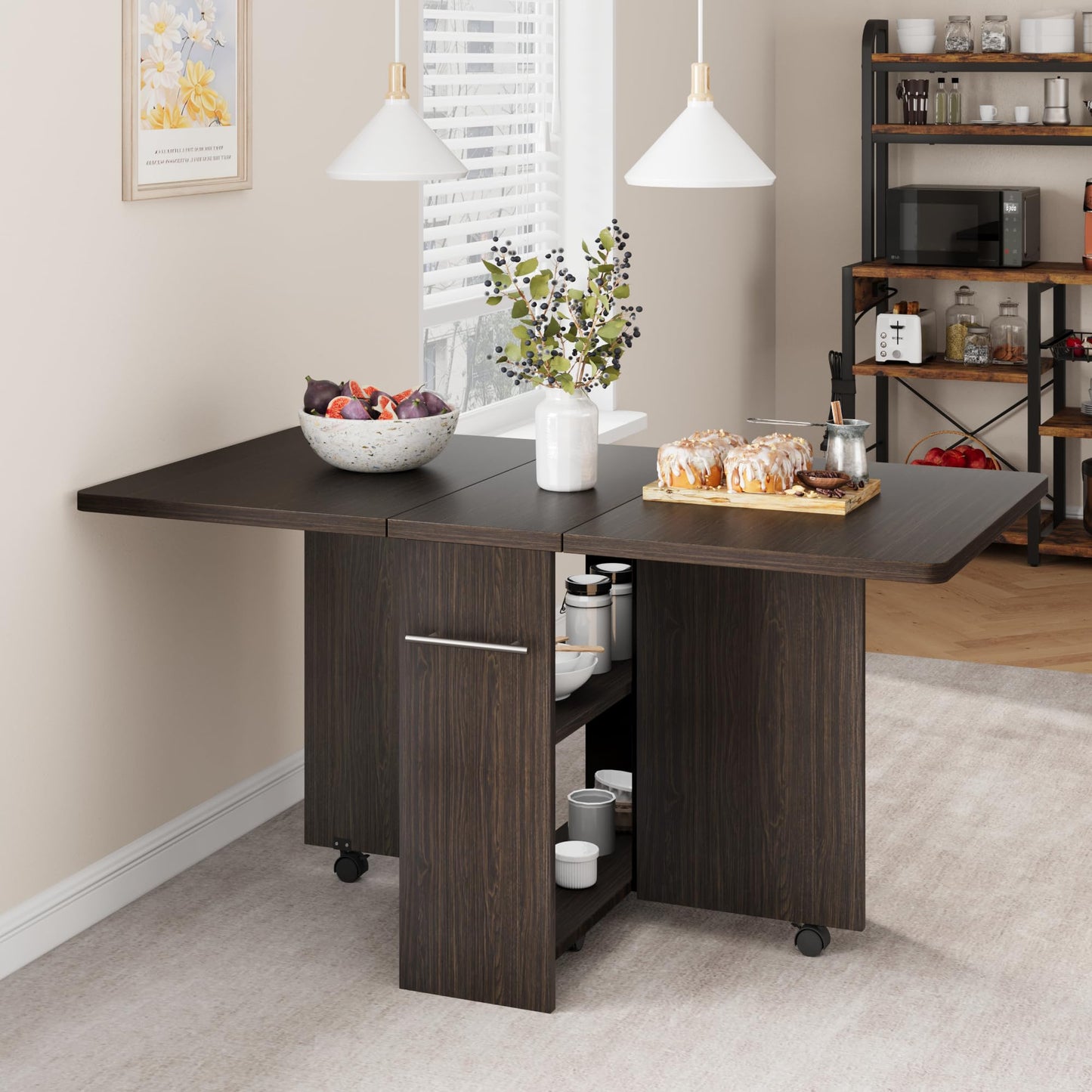 Folding Dining Table with 2 Tier Storage & 6 Wheels, Extendable Drop Leaf, Wood Kitchen Dining Room Tables Set for 4