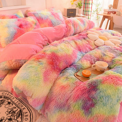 ZIQINPSQ Plush Shaggy Duvet Cover Set,Tie Dye Faux Fur Bedding Set for Teens Girls Soft Velvet Fluffy Fuzzy Comforter Cover Bed Set (Pink, Double)