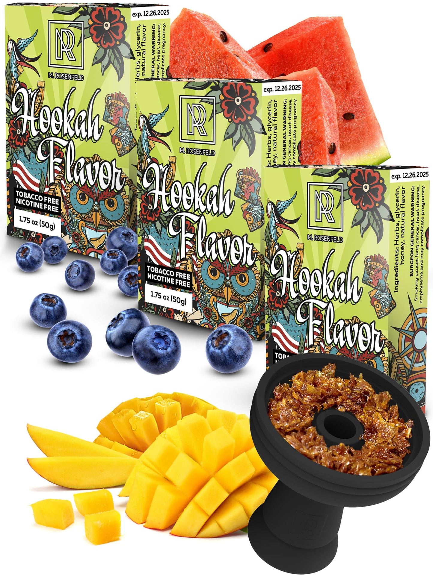 Shisha Flavours Set - 3 x 50g Non Tobacco Hookah Flavor for your Bowl (Blueberry | Watermelon | Mango) Hookah Bundle Pack of 3 - Try these Tobacco