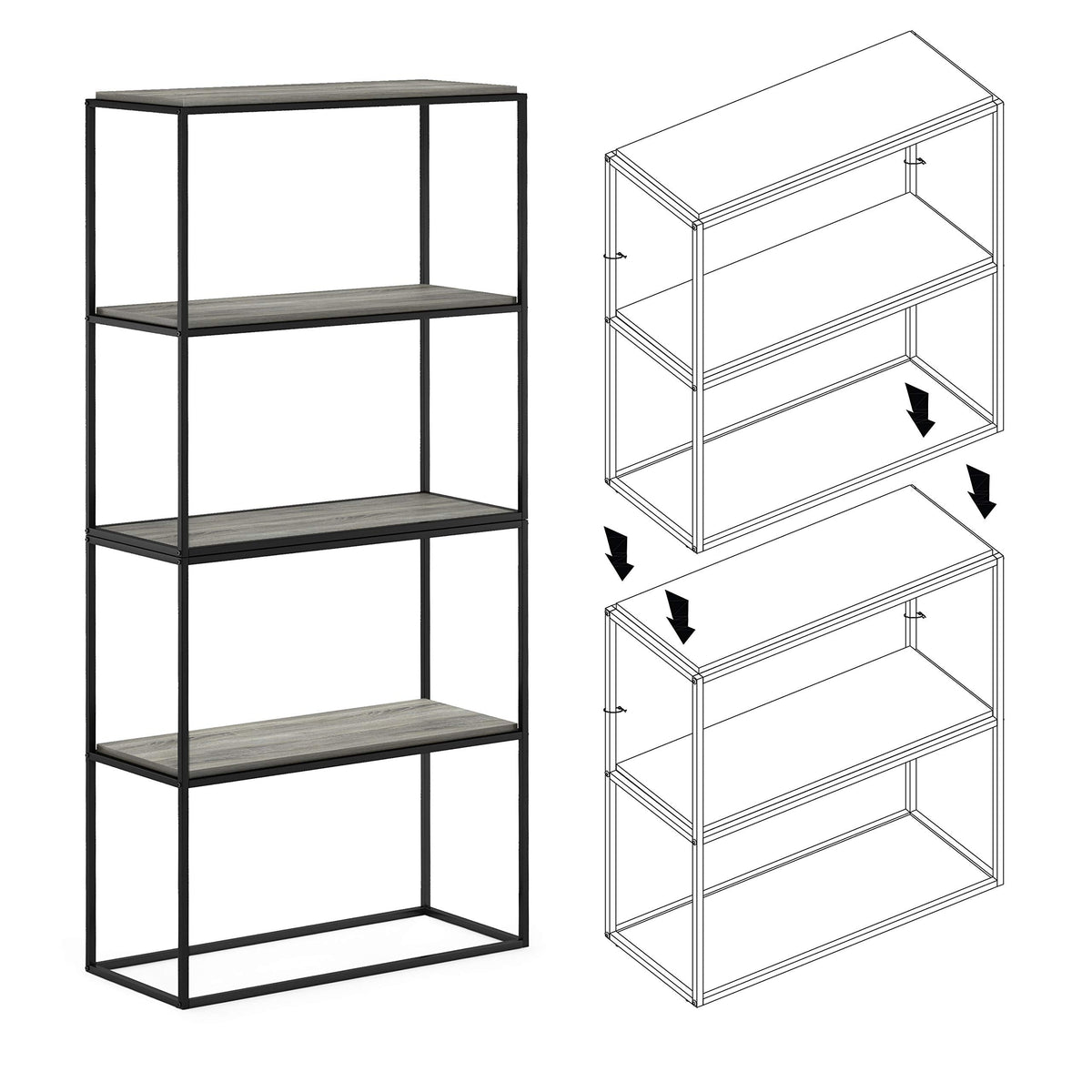 Furinno MORETTI 2-Tier Stackable Grey Book Shelf, Metal Frame Storage Shelves, Rectangular Display Shelf, Easy Assembly, for Organization and Storage