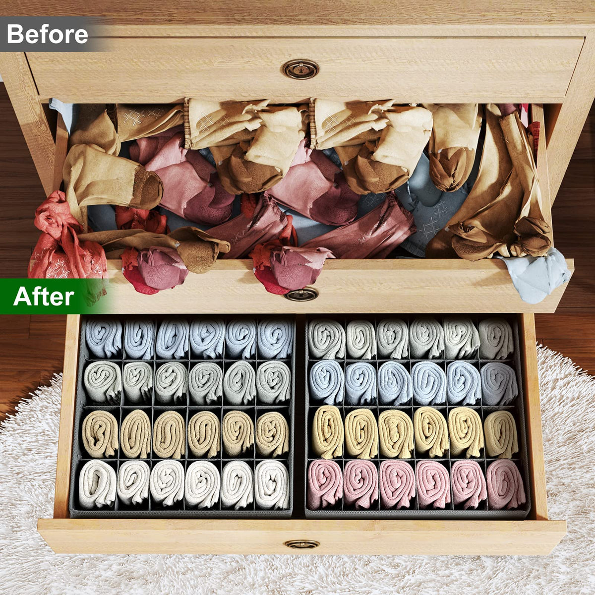 Homsorout Sock Organisers Drawer Organiser Dividers - 4 Pack 24 Cell Underwear Closet Cabinet Organizer Foldable Wardrobe Storage Boxes for Baby