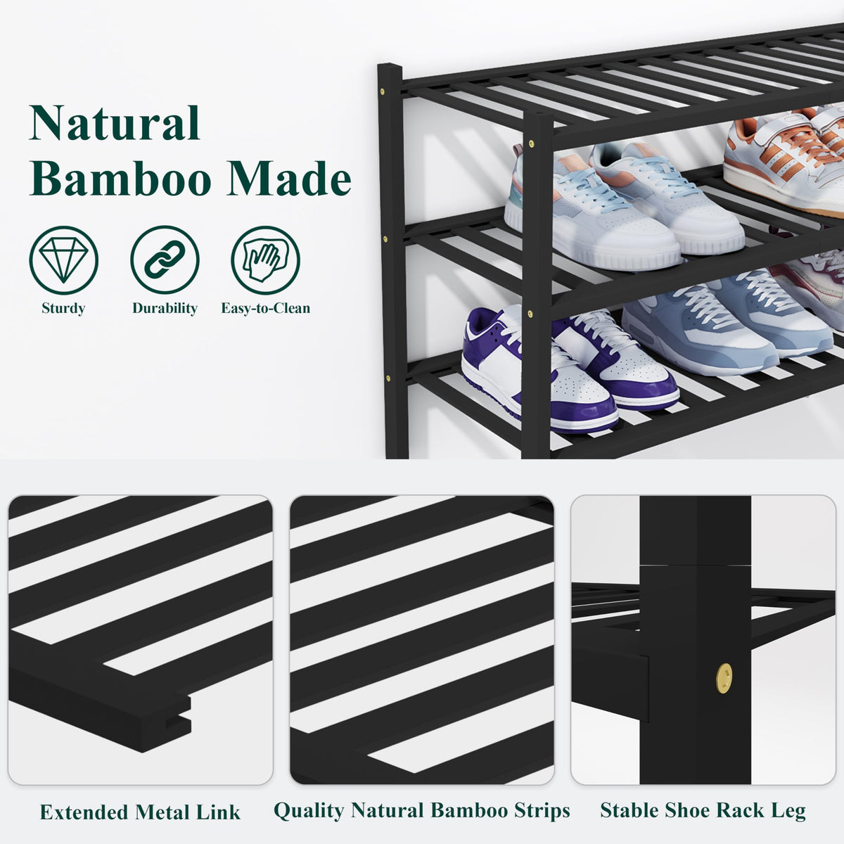 smiry Shoe Rack, 2 Tier Bamboo Shoe Organizer, Stackable Free Standing Wooden Shoe Storage Shelf for Entryway, Front Door Entrance, Black