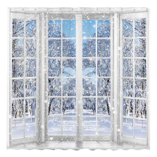 Allenjoy 72x72 inch Winter French Window Shower Curtain Beautiful Nature Snowy Scenery Bathroom Curtain Durable Waterproof Fabric Bathtub Sets Home